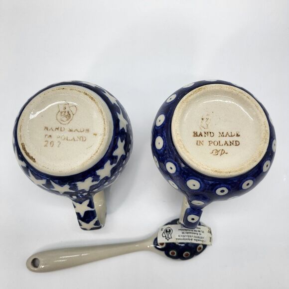 Boleslawiec Polish Pottery Stars & Blue Dot Design Small Creamer Set with Spoon - Picture 9 of 14